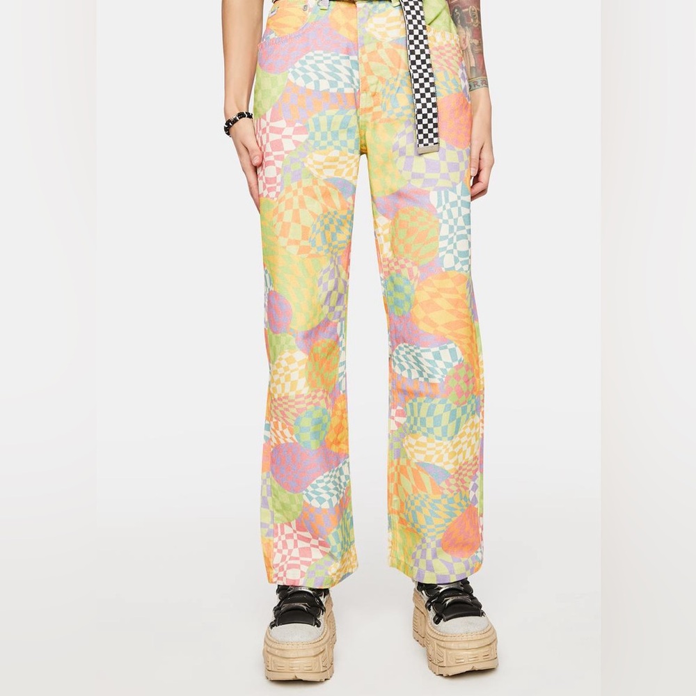Colorful Geometric Pattern Ragged Priest Jeans